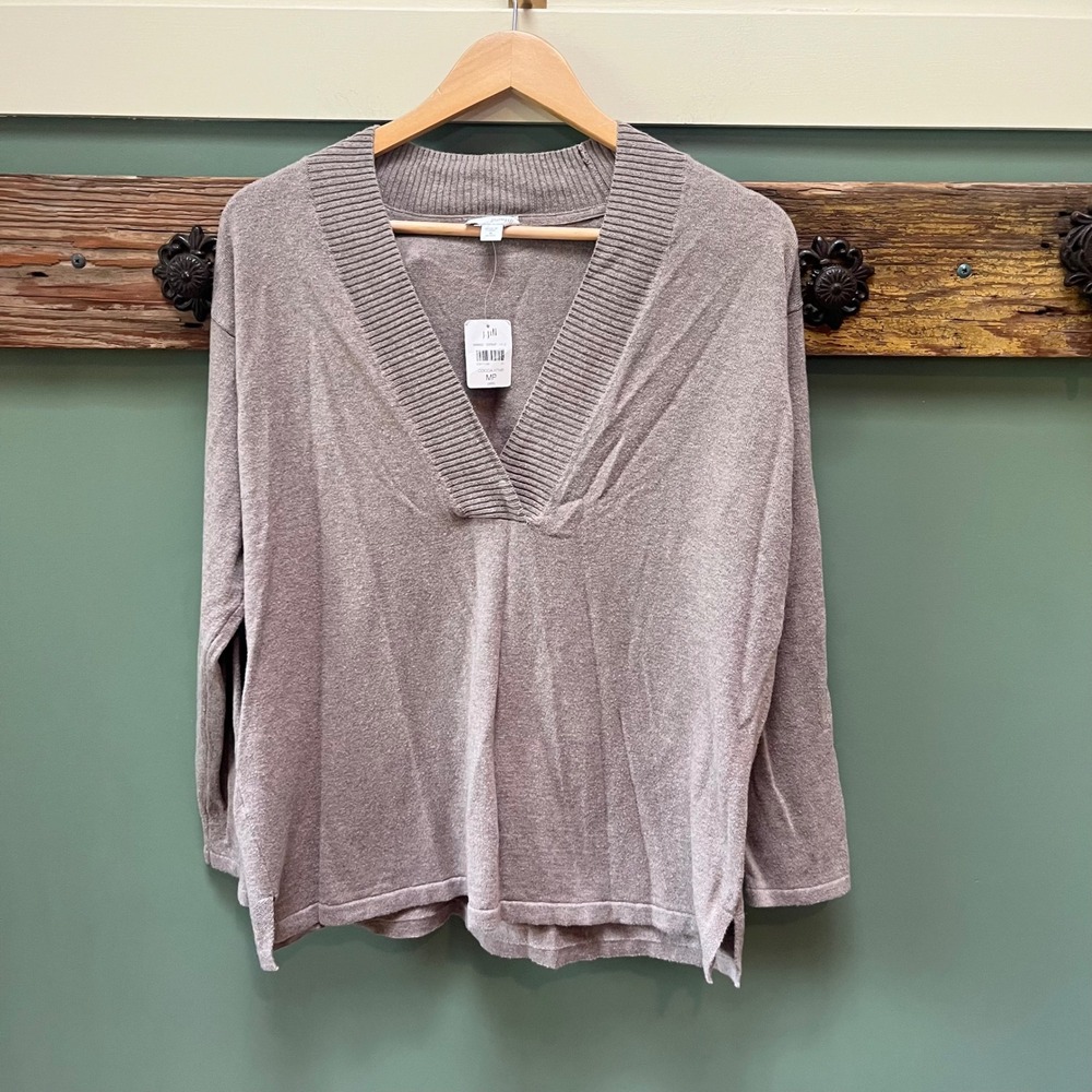 J. Jill Pure Jill Cocoa Heather Cotton Cashmere V-Neck Sweater Med Petite NEW